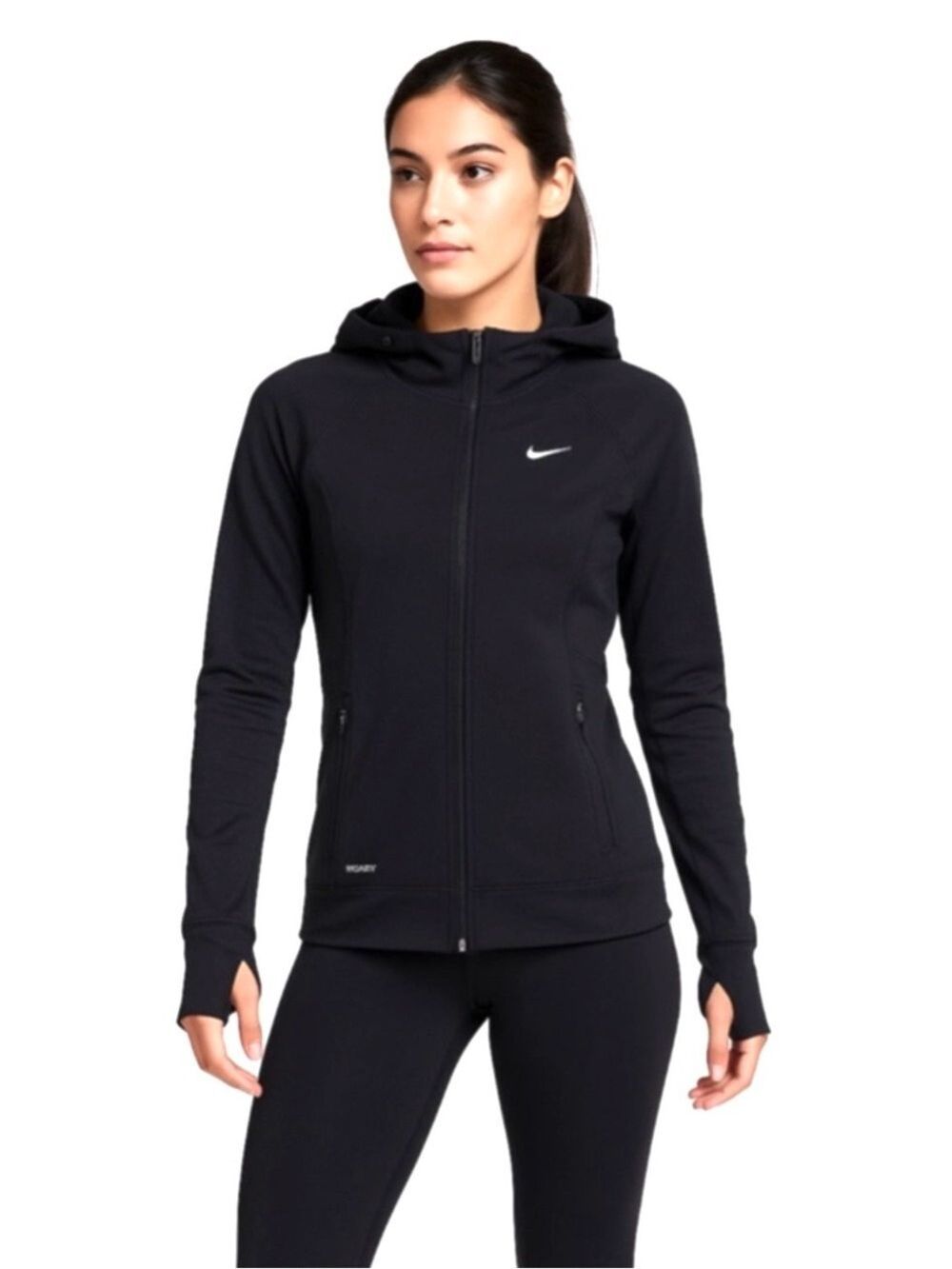 Nike DRI-FIT Full Zip Running Jacket Hooded Black Women’s Small Thumbholes
